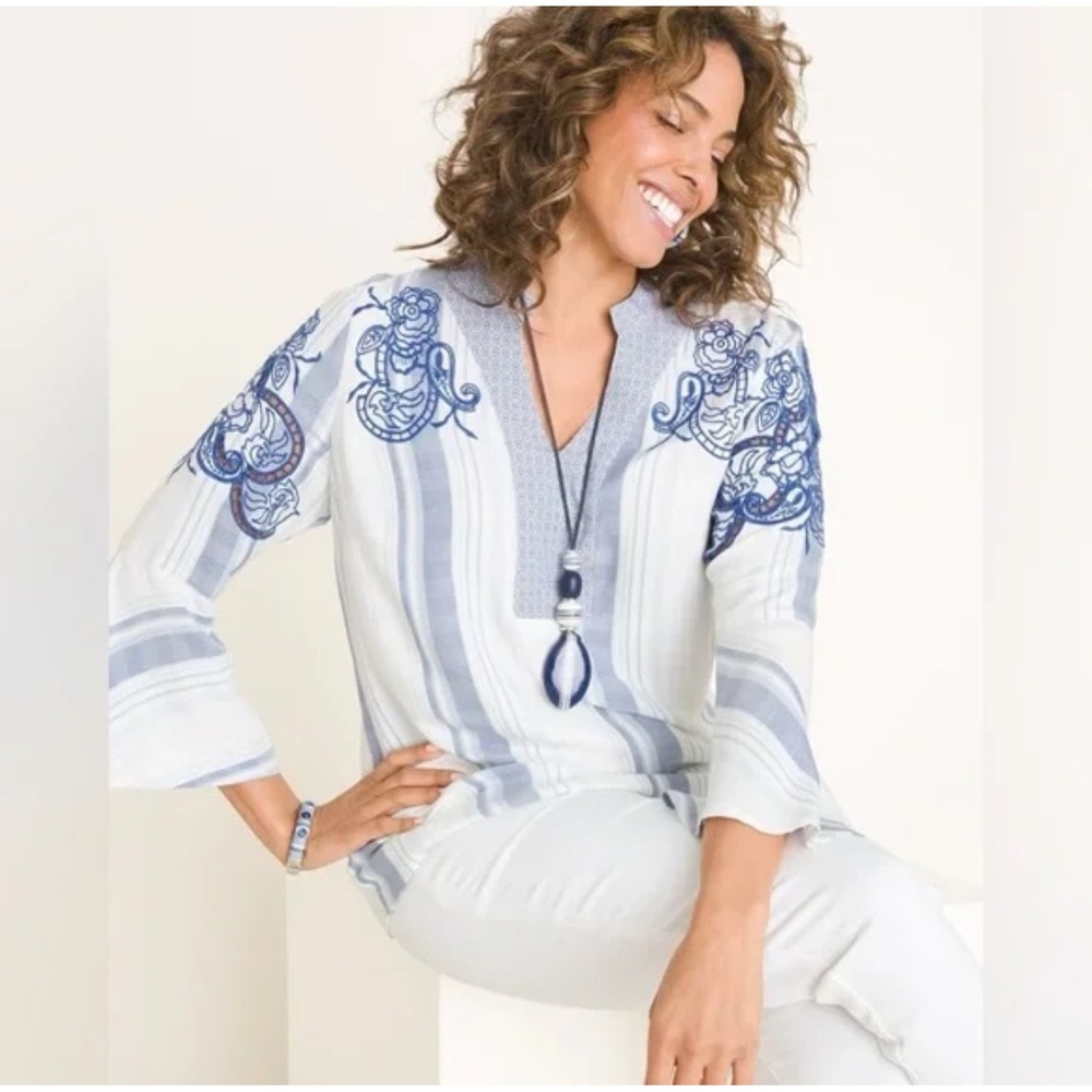 Chicos Embroidered Striped Paisley Tunic 0/Small/4/6‎ Lightweight Spring Summer